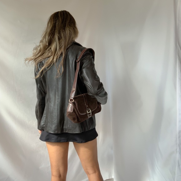 Off black pleated zip up leather jacket - Picture 5 of 6